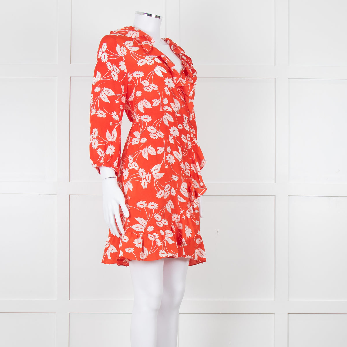 Rixo Red Floral Frilled Wrap Mini Dress