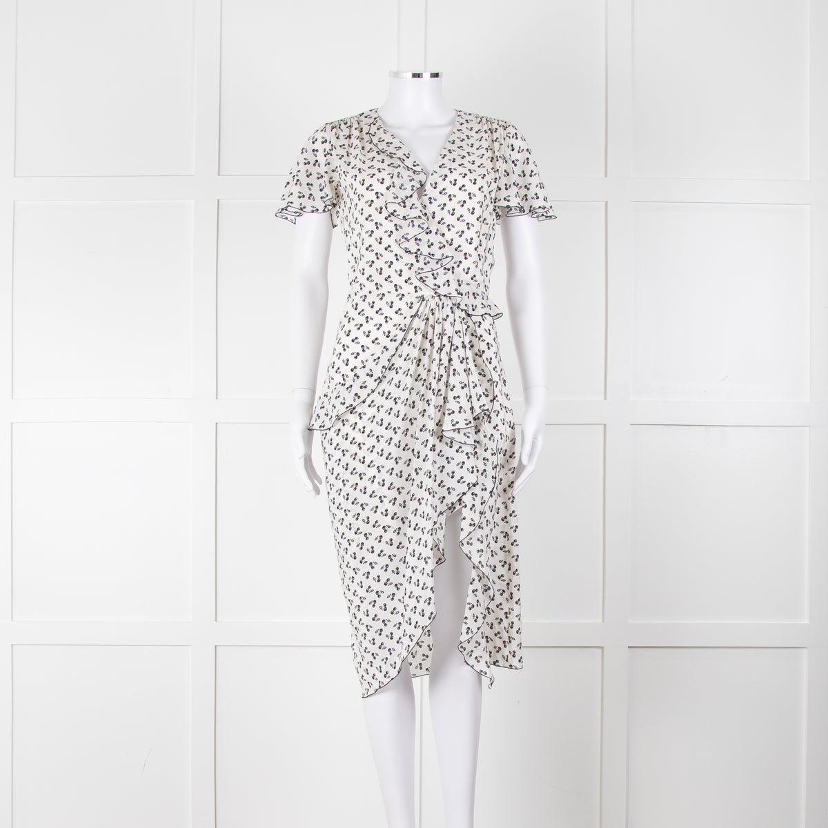 Altuzarra White Black Cherry Print Frill Trim Short Sleeve Dress