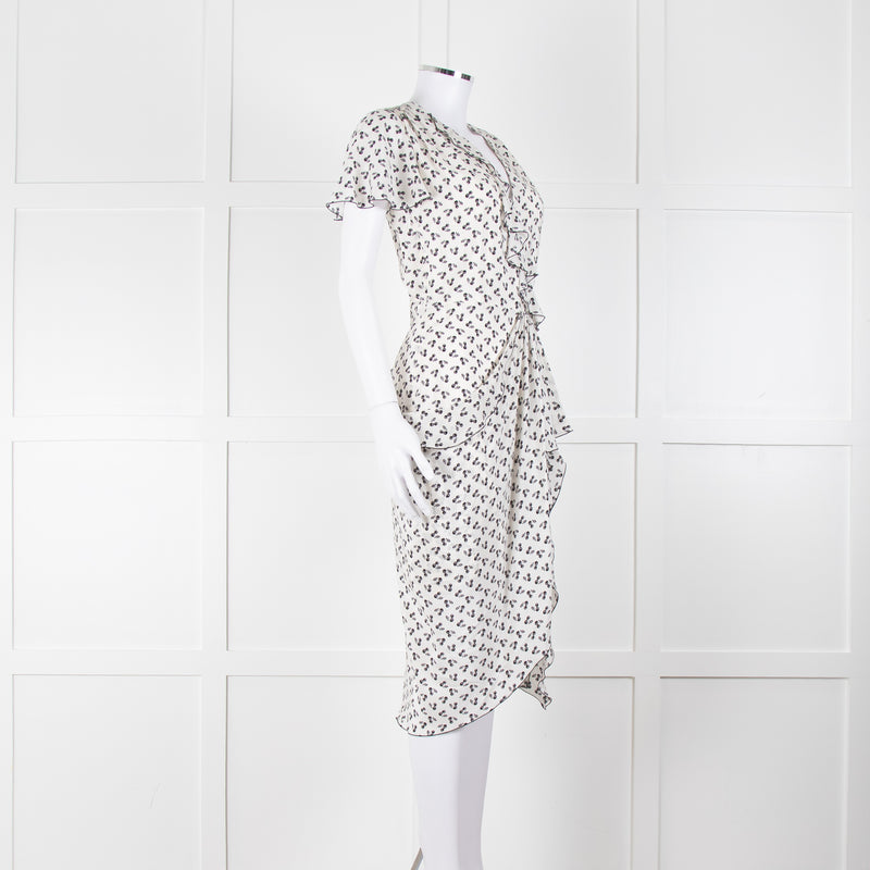 Altuzarra White Black Cherry Print Frill Trim Short Sleeve Dress
