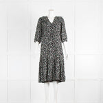 Ba&Sh Black Small Print Flowers 3/4 Sleeve Waist Tie Midi Dress