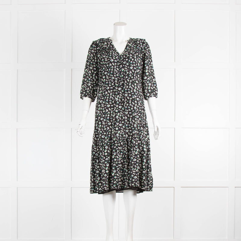 Ba&Sh Black Small Print Flowers 3/4 Sleeve Waist Tie Midi Dress