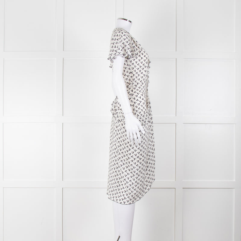 Altuzarra White Black Cherry Print Frill Trim Short Sleeve Dress