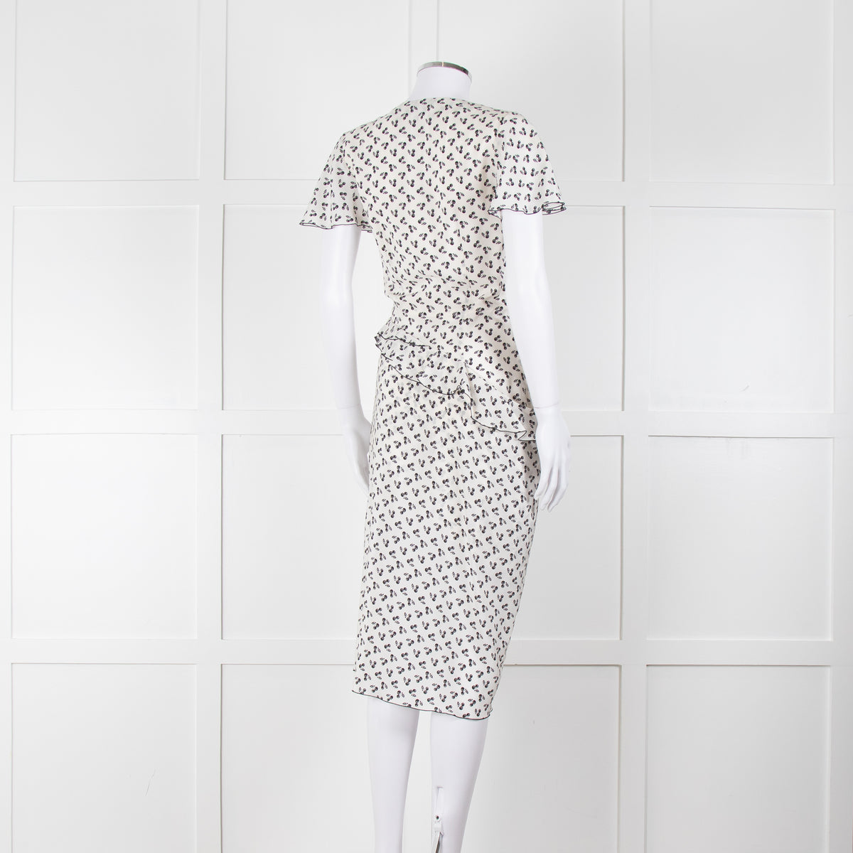 Altuzarra White Black Cherry Print Frill Trim Short Sleeve Dress