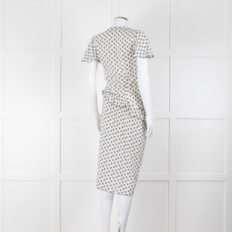 Altuzarra White Black Cherry Print Frill Trim Short Sleeve Dress