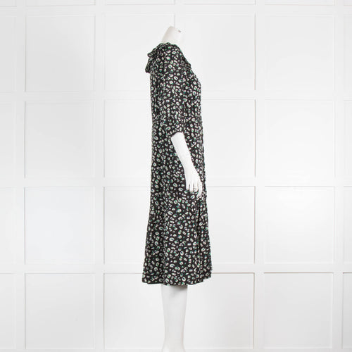 Ba&Sh Black Small Print Flowers 3/4 Sleeve Waist Tie Midi Dress