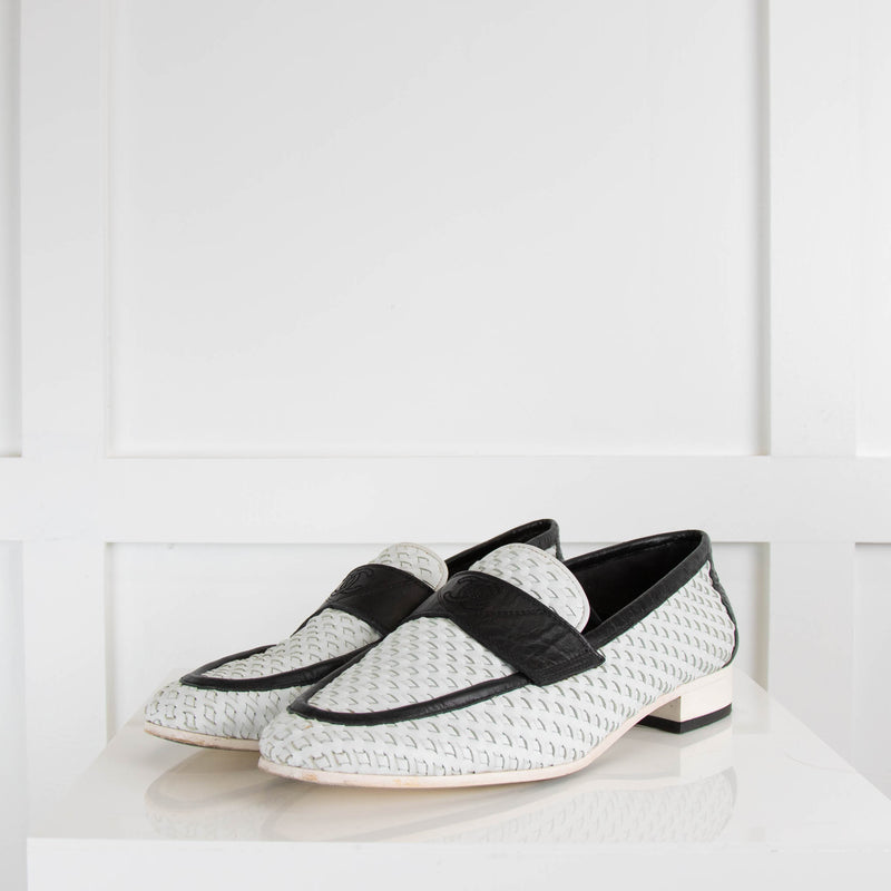 Chanel White Leather Woven Loafers