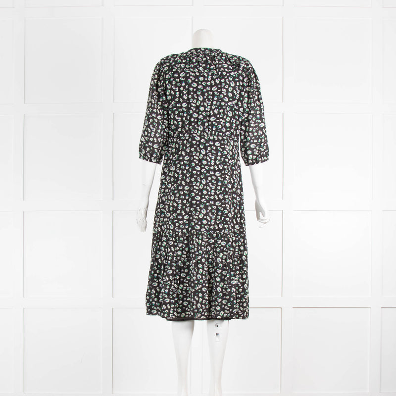 Ba&Sh Black Small Print Flowers 3/4 Sleeve Waist Tie Midi Dress