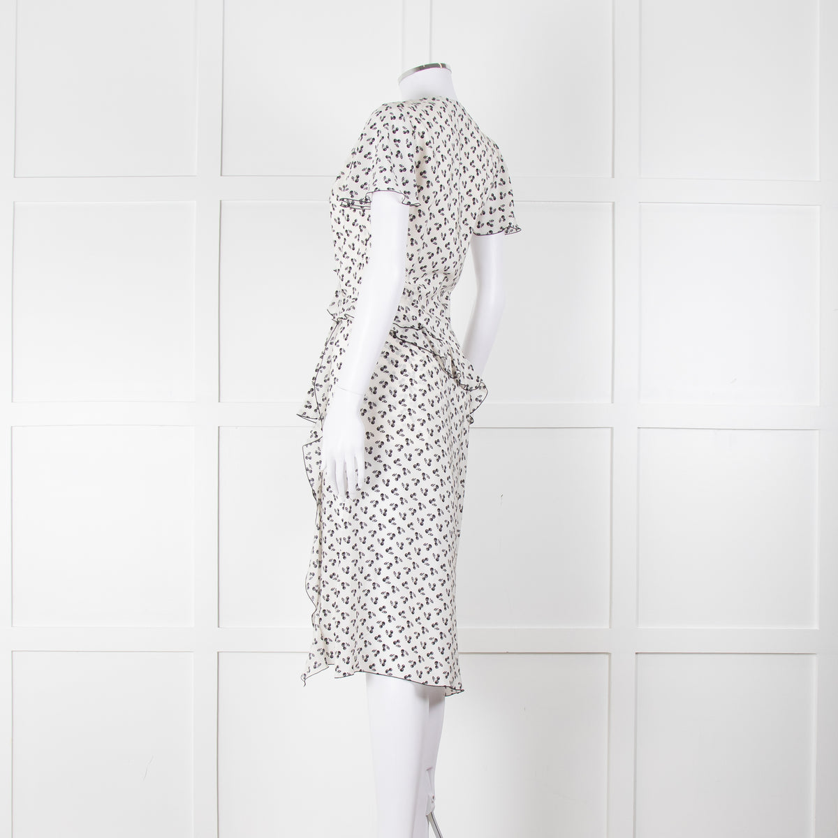 Altuzarra White Black Cherry Print Frill Trim Short Sleeve Dress