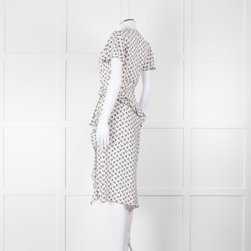 Altuzarra White Black Cherry Print Frill Trim Short Sleeve Dress