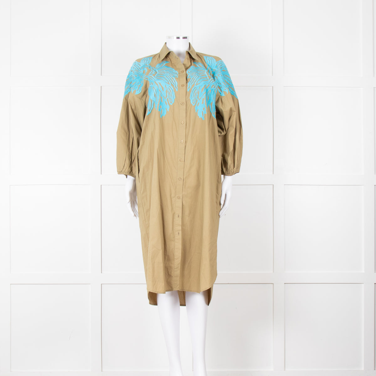 Essentiel Antwerp Khaki Blue Embroidered Oversized Cotton Shirt Dress