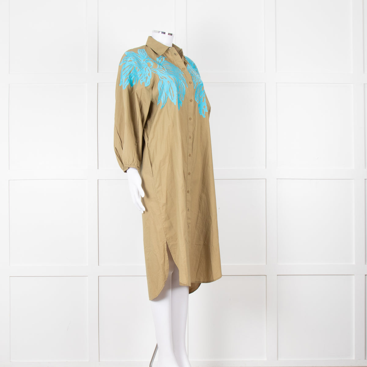 Essentiel Antwerp Khaki Blue Embroidered Oversized Cotton Shirt Dress
