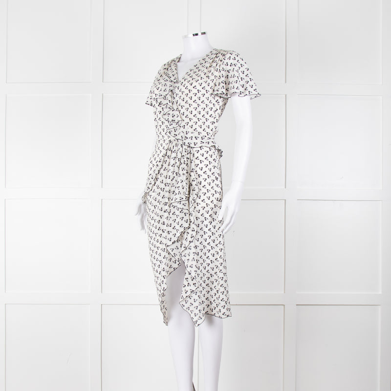 Altuzarra White Black Cherry Print Frill Trim Short Sleeve Dress