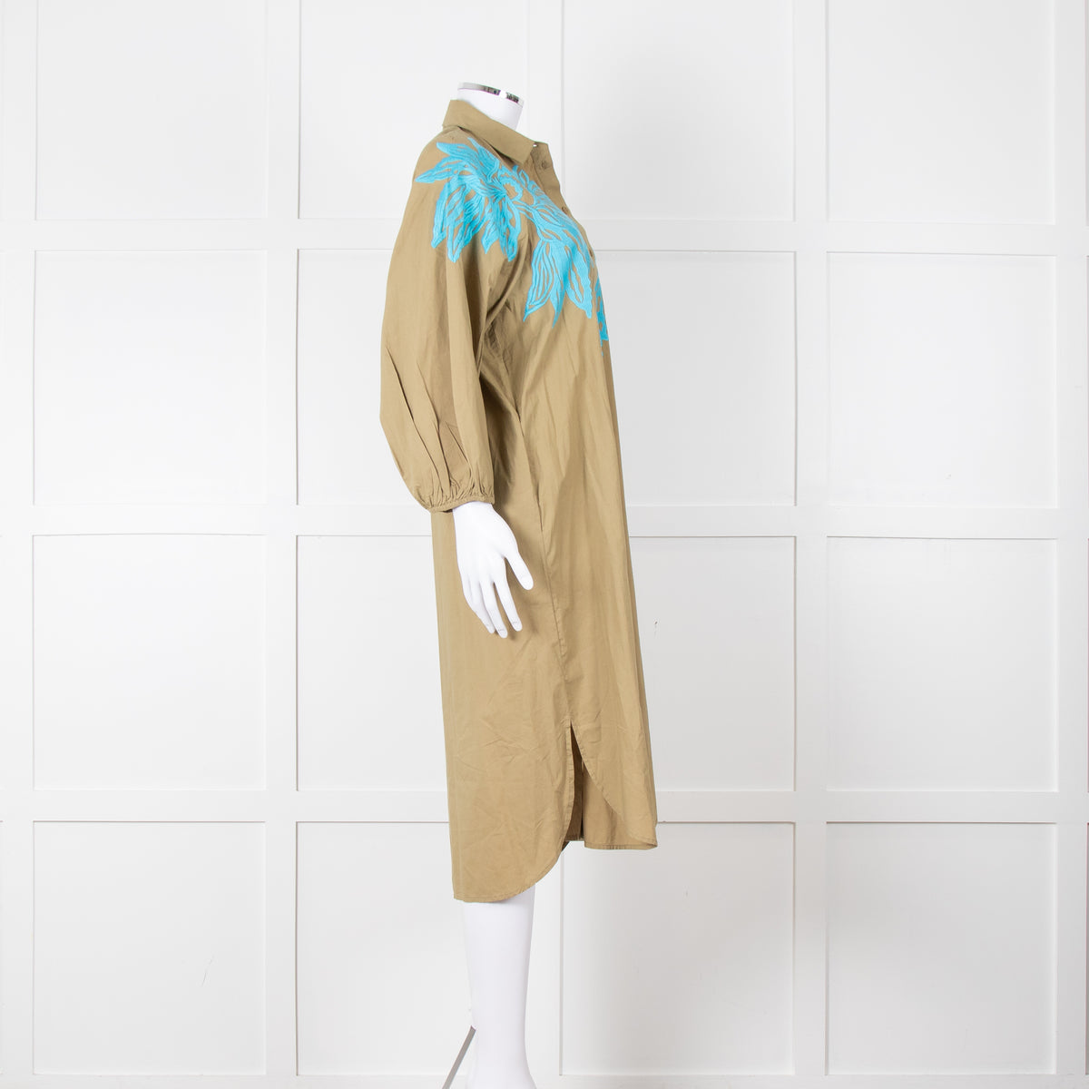 Essentiel Antwerp Khaki Blue Embroidered Oversized Cotton Shirt Dress