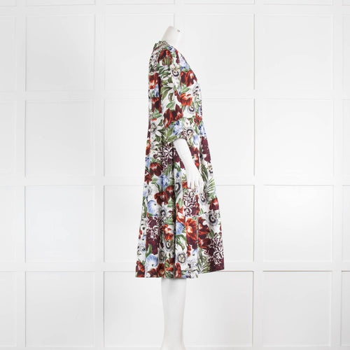 Erdem White Brown Floral Front Open Cotton Midi Dress