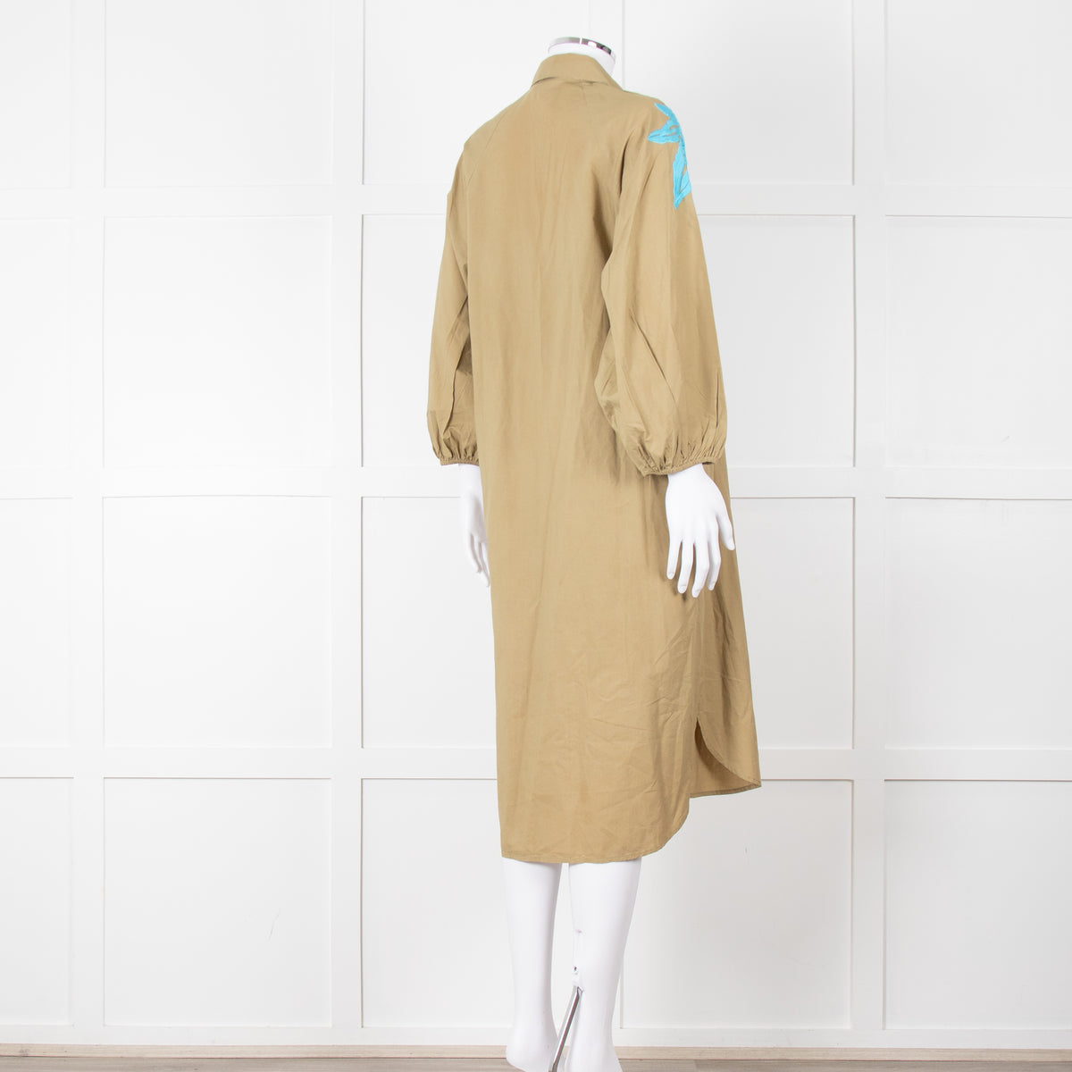 Essentiel Antwerp Khaki Blue Embroidered Oversized Cotton Shirt Dress