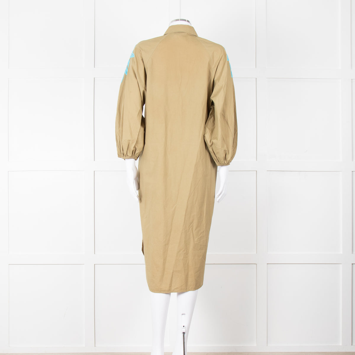 Essentiel Antwerp Khaki Blue Embroidered Oversized Cotton Shirt Dress