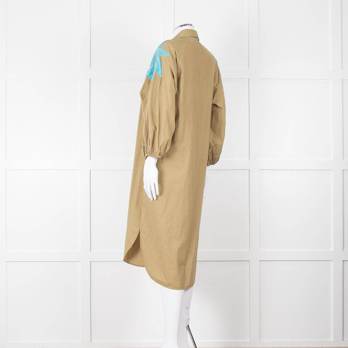 Essentiel Antwerp Khaki Blue Embroidered Oversized Cotton Shirt Dress