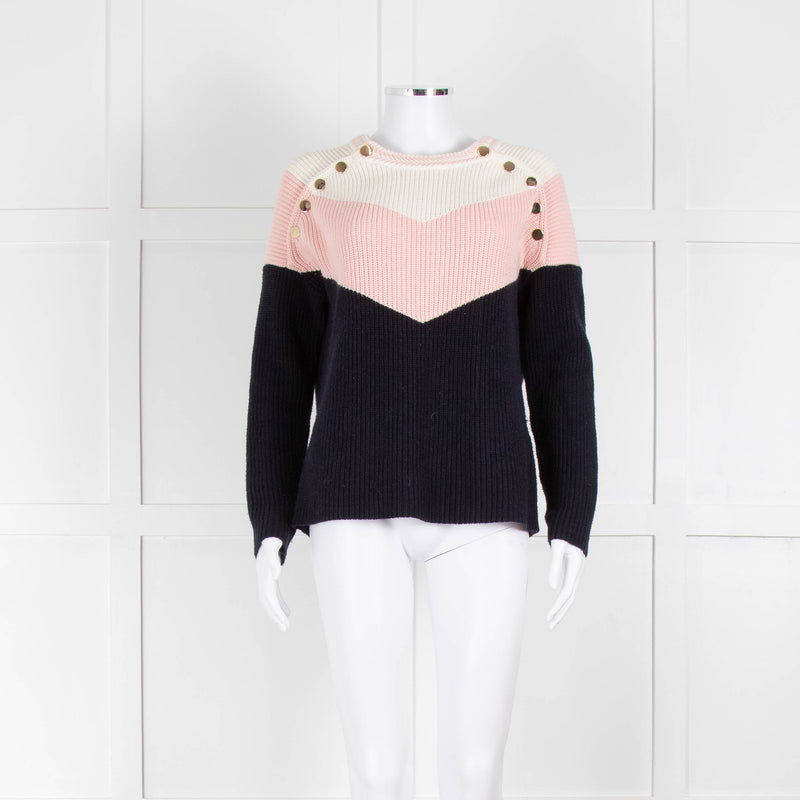 Maje Navy Pink Cream Rib Knit Gold Button Jumper