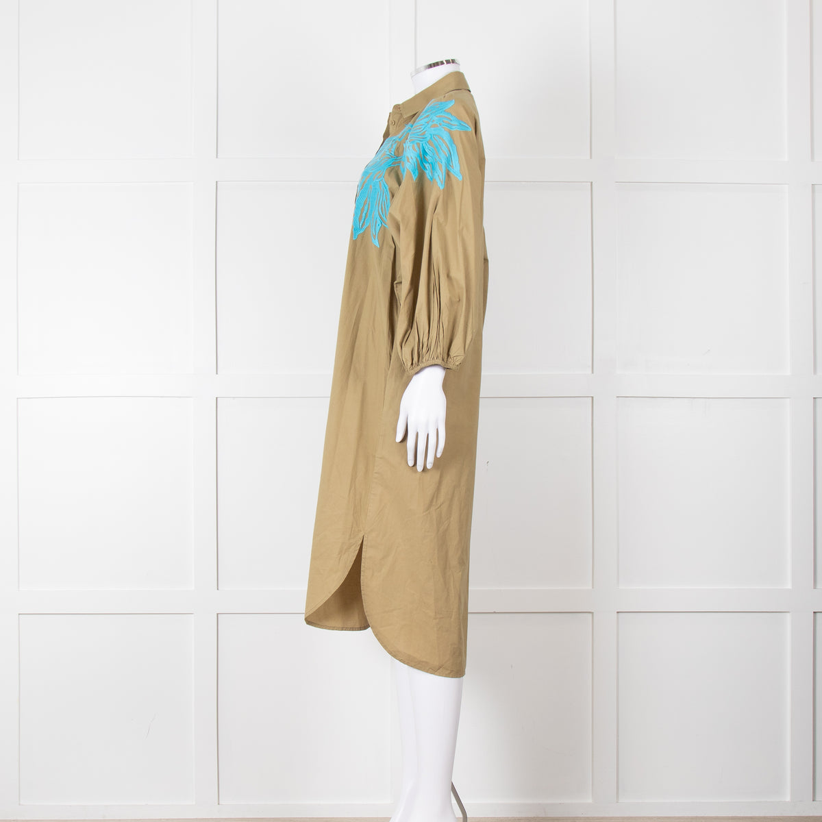 Essentiel Antwerp Khaki Blue Embroidered Oversized Cotton Shirt Dress