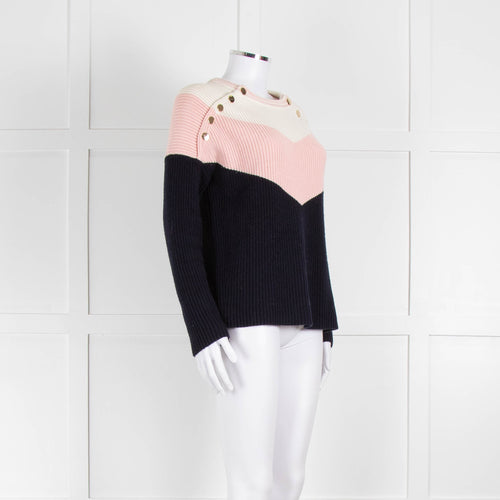 Maje Navy Pink Cream Rib Knit Gold Button Jumper