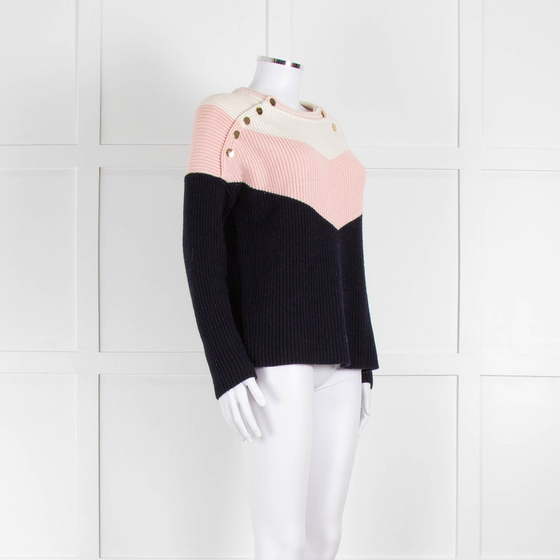 Maje Navy Pink Cream Rib Knit Gold Button Jumper