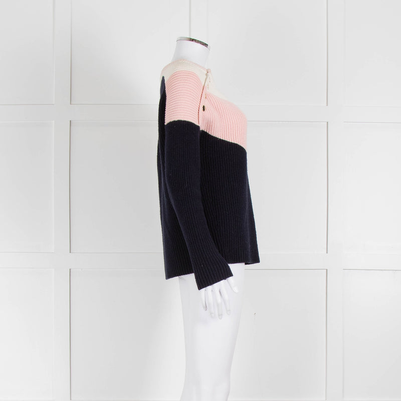Maje Navy Pink Cream Rib Knit Gold Button Jumper