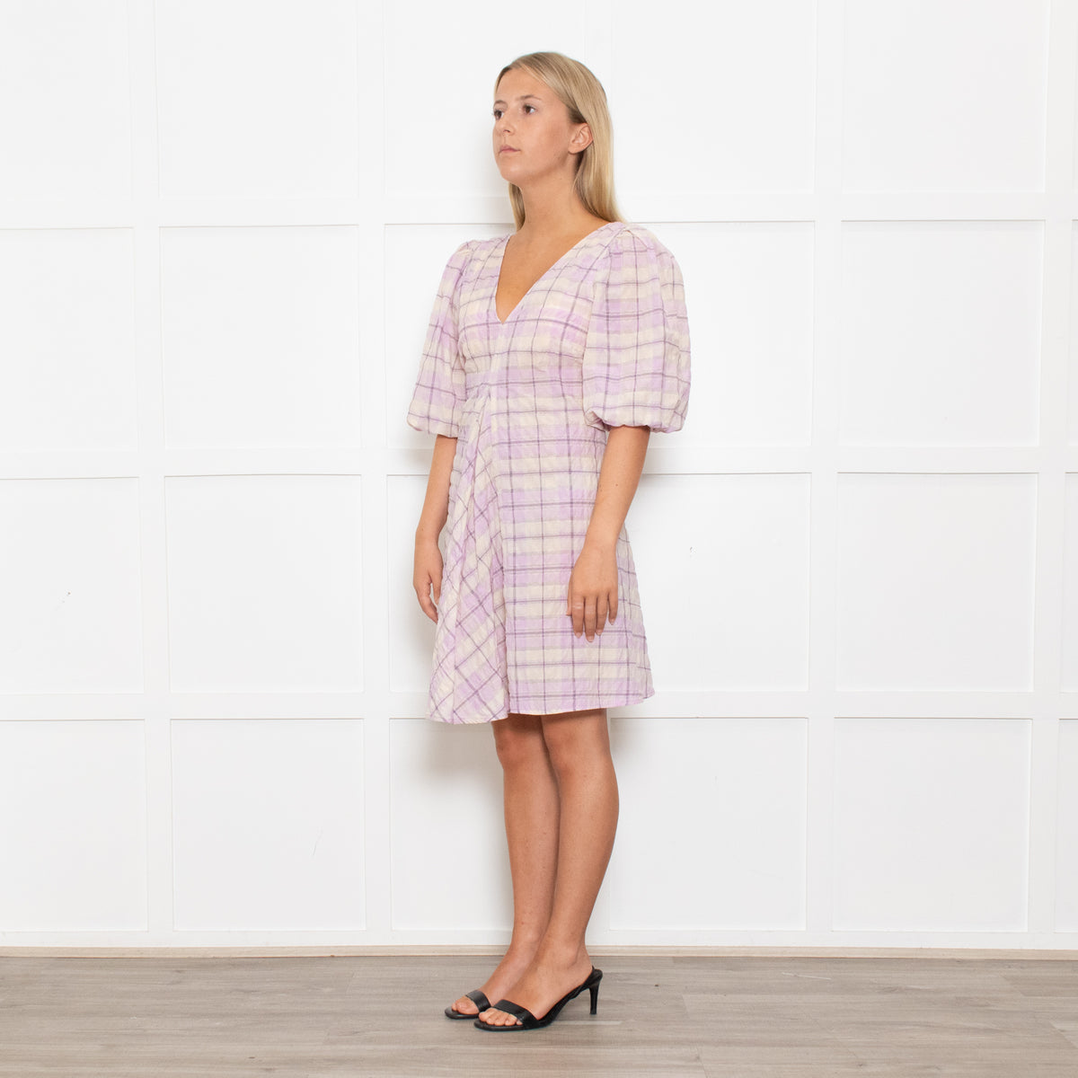 Ganni Lilac Check Trapeze Mini Dress