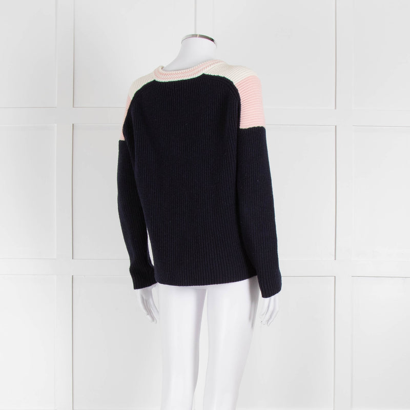 Maje Navy Pink Cream Rib Knit Gold Button Jumper