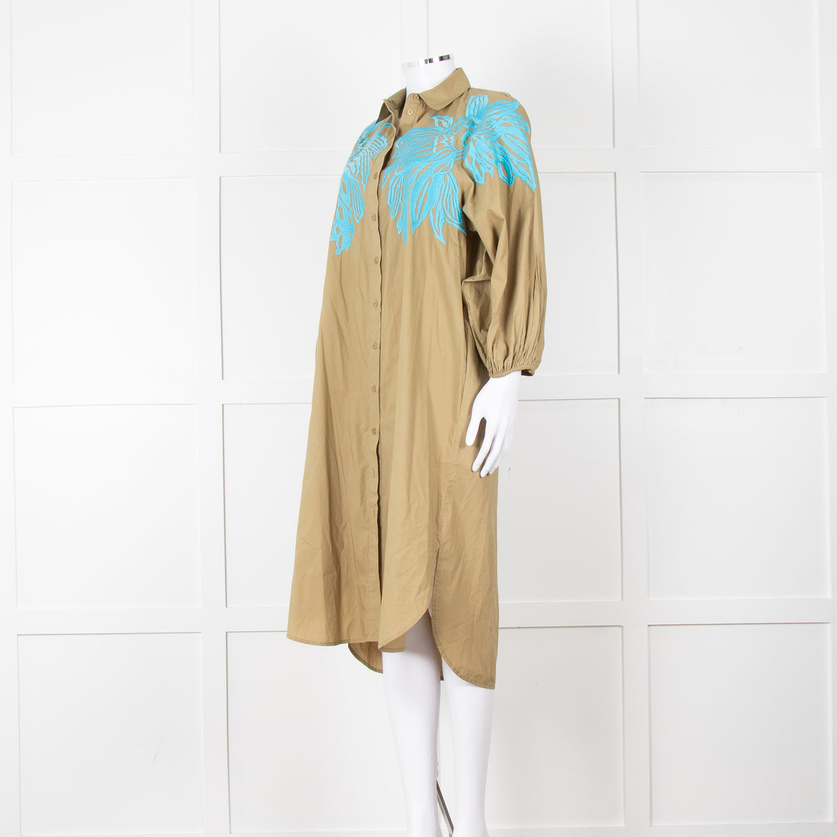 Essentiel Antwerp Khaki Blue Embroidered Oversized Cotton Shirt Dress