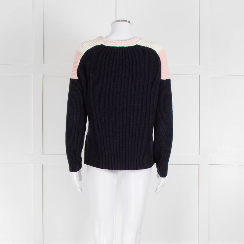 Maje Navy Pink Cream Rib Knit Gold Button Jumper