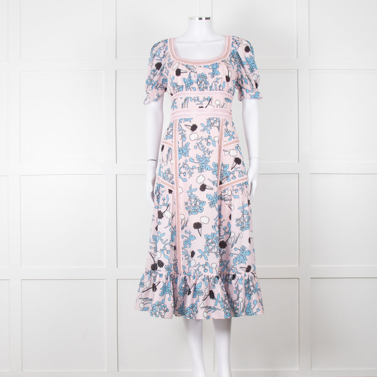 Self-Portrait Pale Pink Blue Floral Lace Trim Short Sleeve Dress