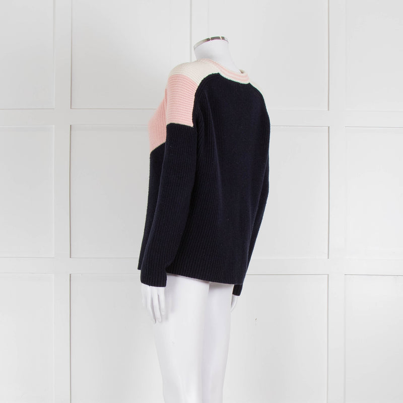 Maje Navy Pink Cream Rib Knit Gold Button Jumper