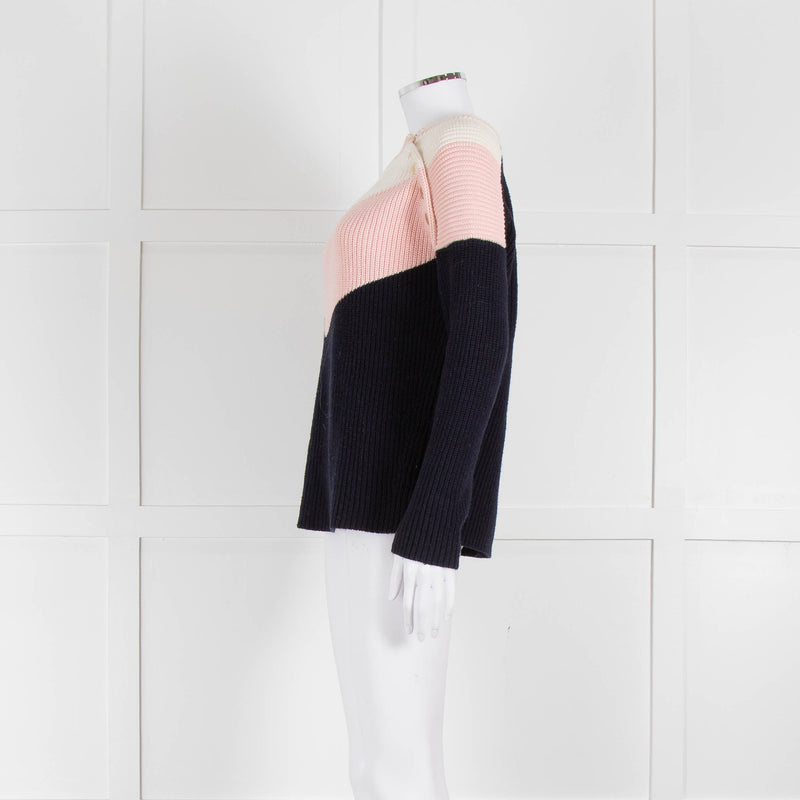 Maje Navy Pink Cream Rib Knit Gold Button Jumper