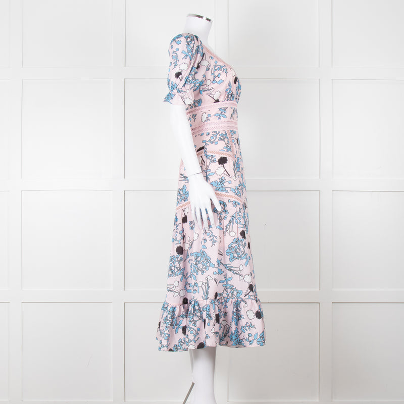 Self-Portrait Pale Pink Blue Floral Lace Trim Short Sleeve Dress