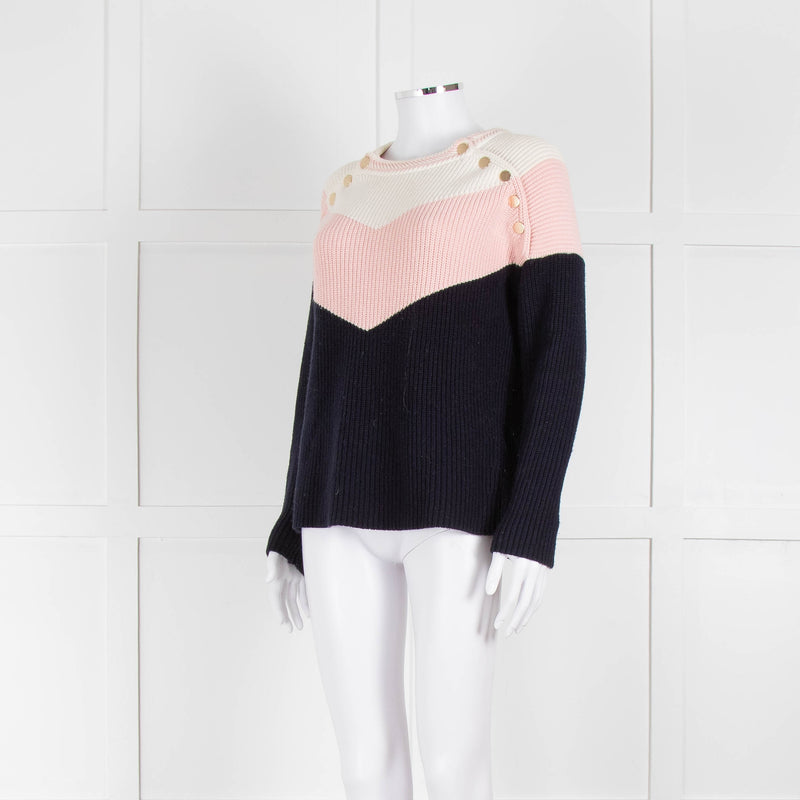 Maje Navy Pink Cream Rib Knit Gold Button Jumper