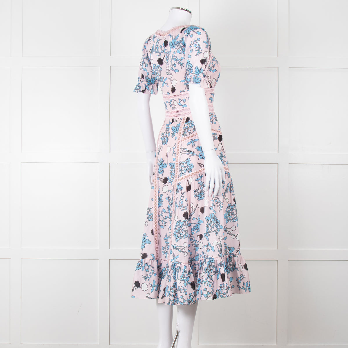 Self-Portrait Pale Pink Blue Floral Lace Trim Short Sleeve Dress