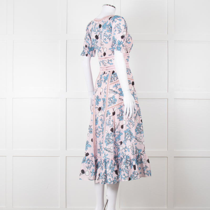 Self-Portrait Pale Pink Blue Floral Lace Trim Short Sleeve Dress