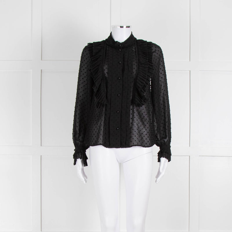 Sezane Black Chiffon Dot Ruffle Detail Blouse