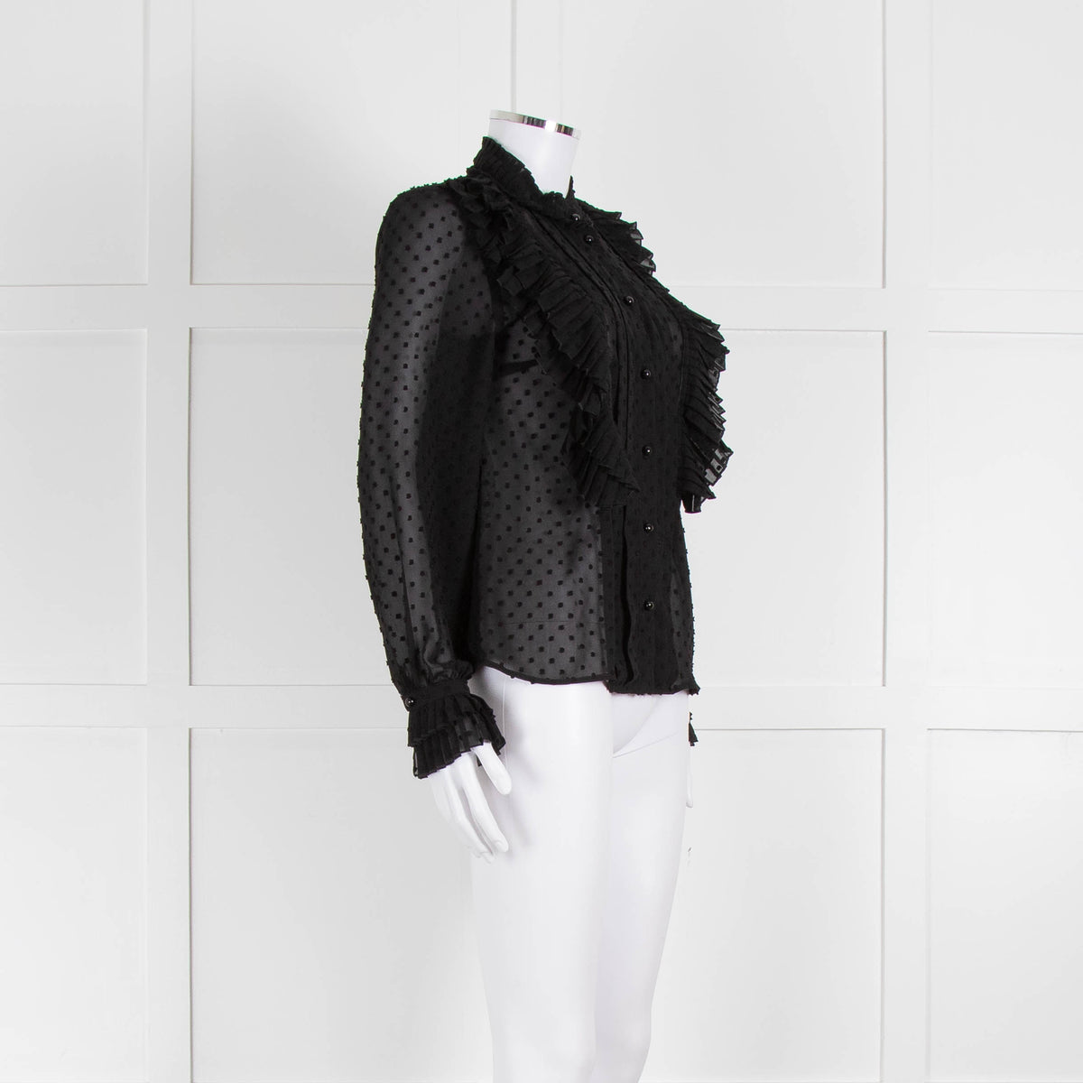 Sezane Black Chiffon Dot Ruffle Detail Blouse