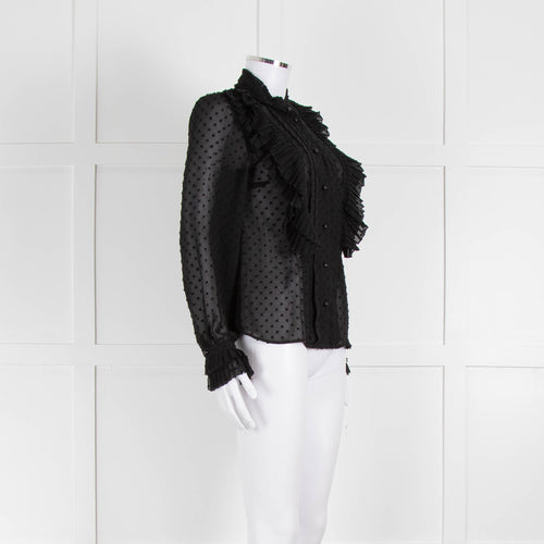 Sezane Black Chiffon Dot Ruffle Detail Blouse