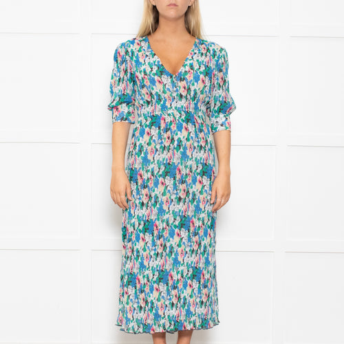 Ganni Blue, Green and Pink Plisse Puff Shoulder Midi Dress