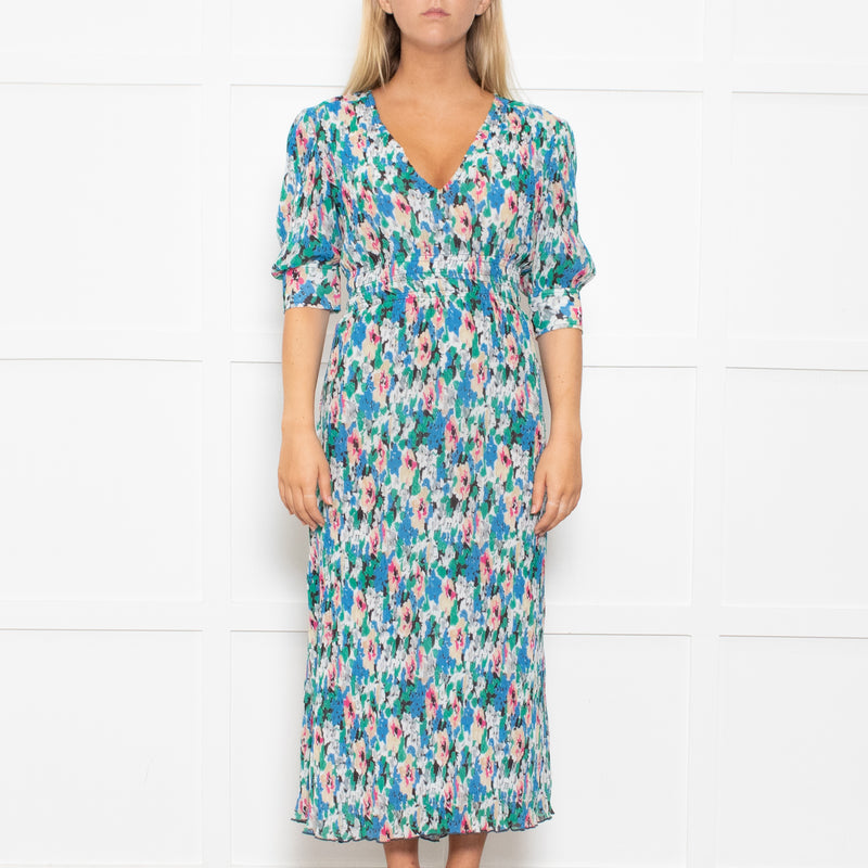 Ganni Blue, Green and Pink Plisse Puff Shoulder Midi Dress