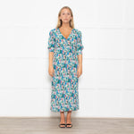 Ganni Blue, Green and Pink Plisse Puff Shoulder Midi Dress
