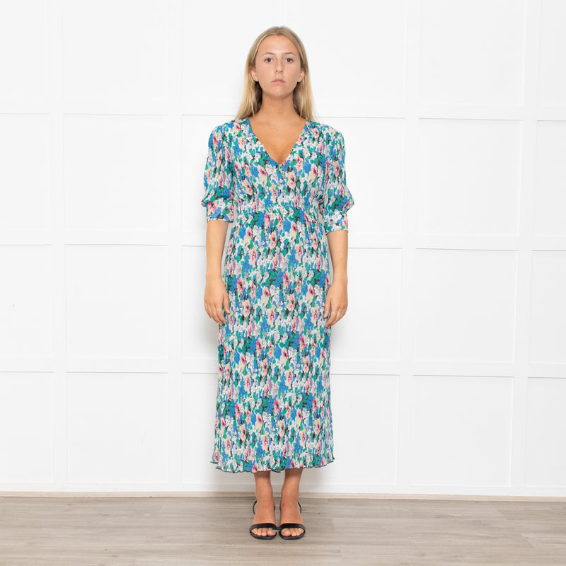 Ganni Blue, Green and Pink Plisse Puff Shoulder Midi Dress