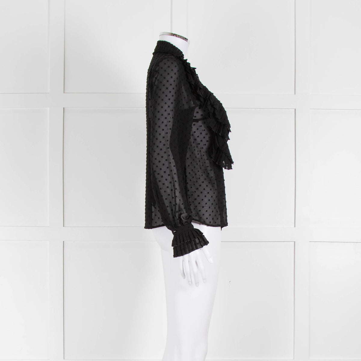 Sezane Black Chiffon Dot Ruffle Detail Blouse