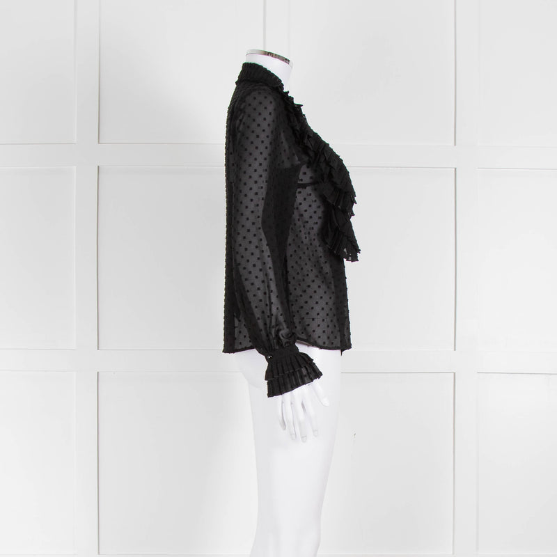 Sezane Black Chiffon Dot Ruffle Detail Blouse