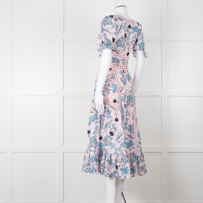 Self-Portrait Pale Pink Blue Floral Lace Trim Short Sleeve Dress