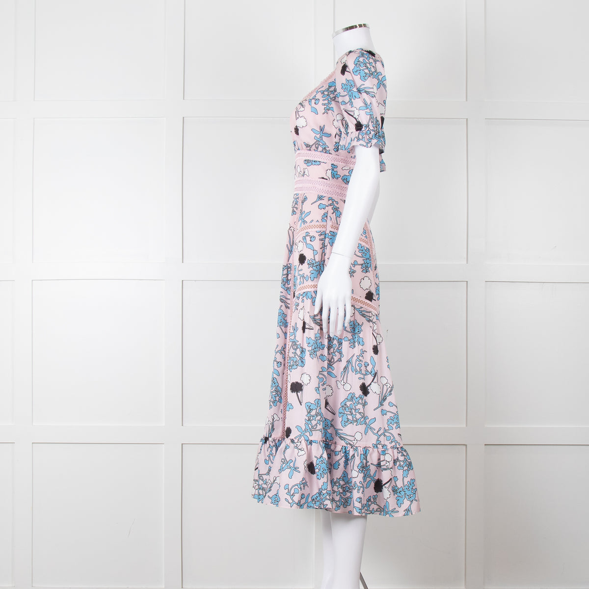 Self-Portrait Pale Pink Blue Floral Lace Trim Short Sleeve Dress