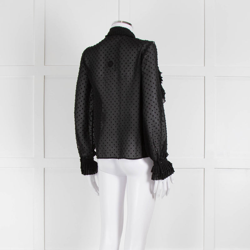 Sezane Black Chiffon Dot Ruffle Detail Blouse