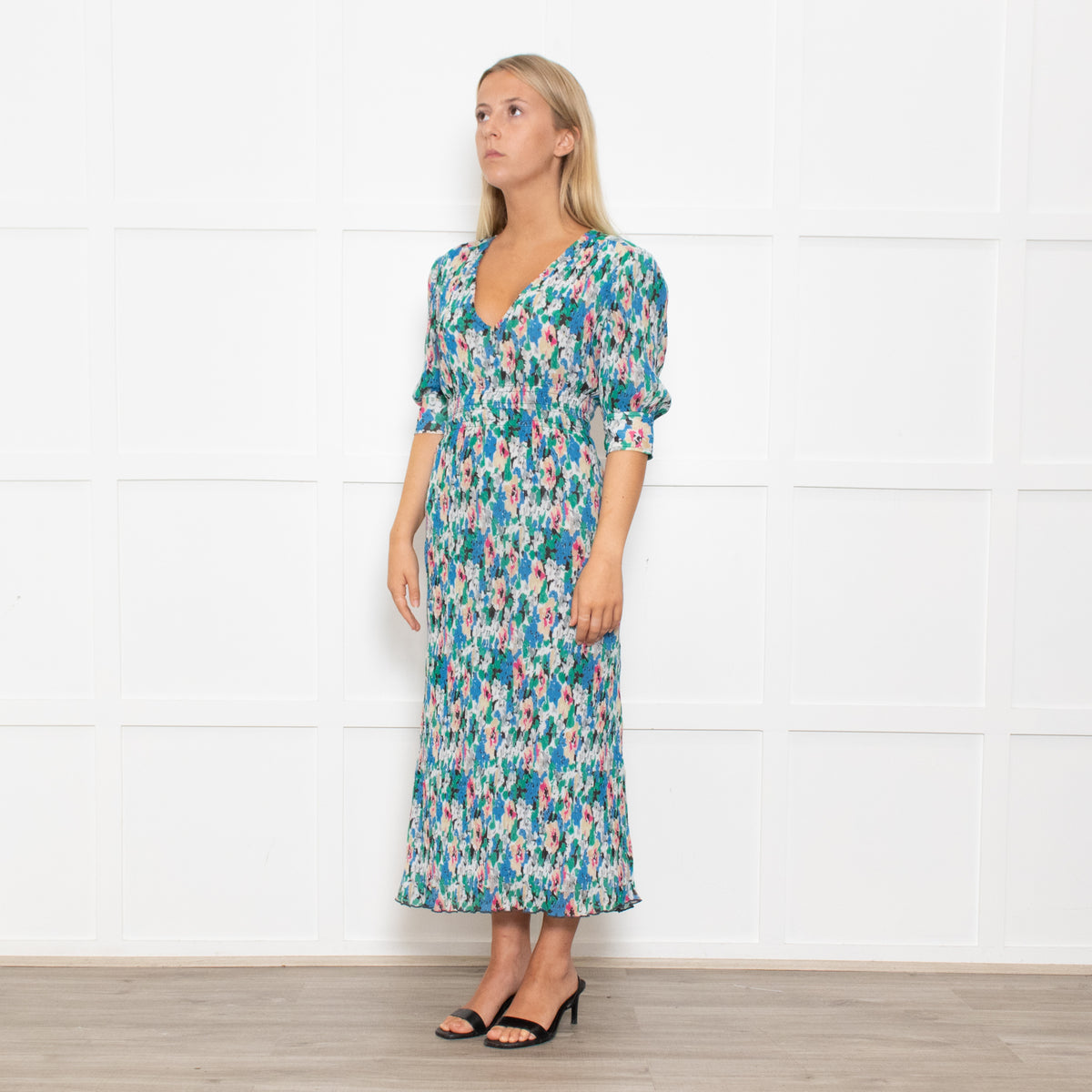 Ganni Blue, Green and Pink Plisse Puff Shoulder Midi Dress